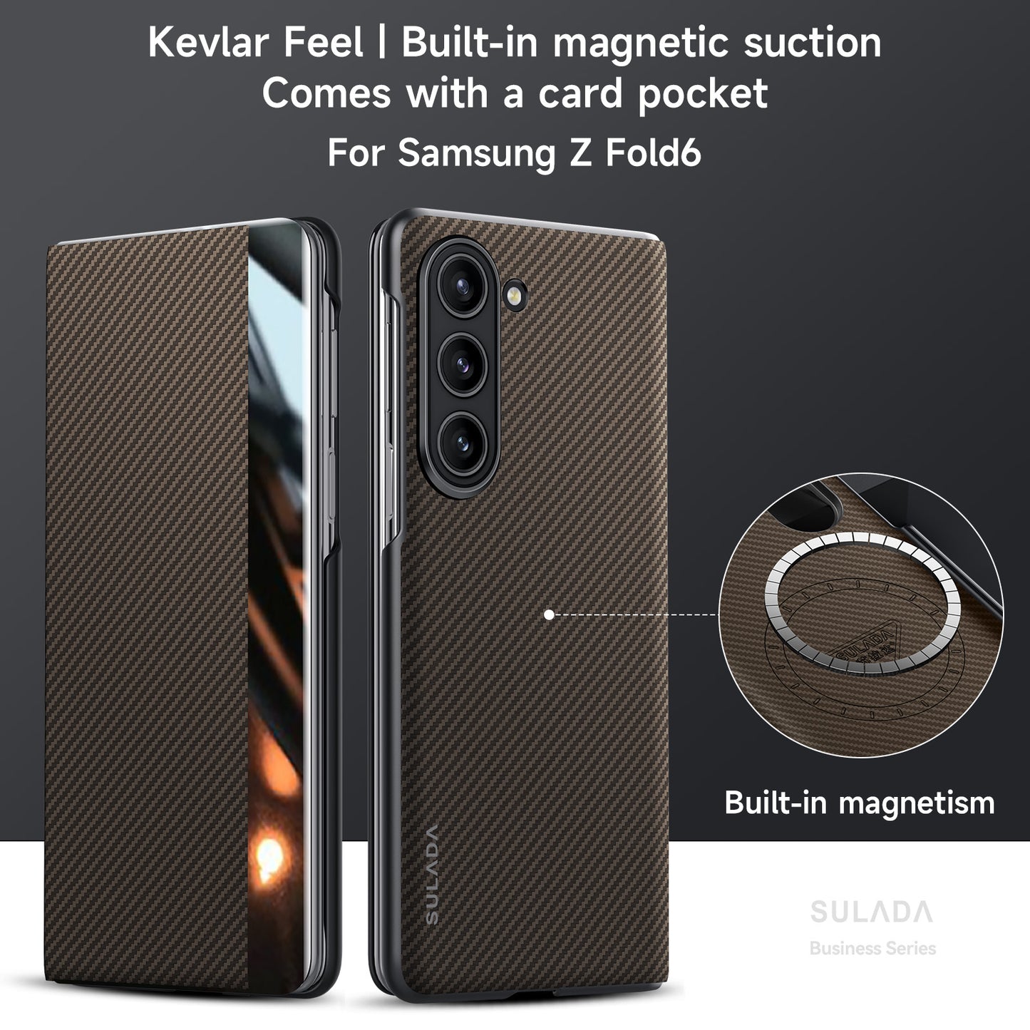 Samsung Galaxy Z Fold 7/6 Case, Ultra-Thin Aramid Fiber Stand Cover with Card Holder & Magnetic Locking Flip Design, Full Protection Shockproof Phone Case